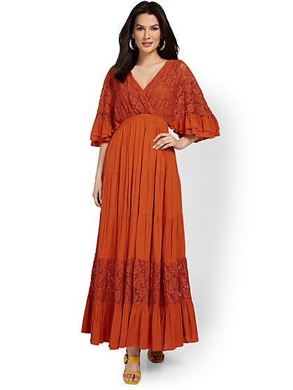 Crochet-Inset Kimono-Sleeve Maxi Dress - New York & Company