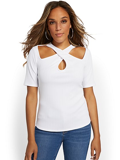 Crossover-Neck Ribbed Knit Top - New York & Company