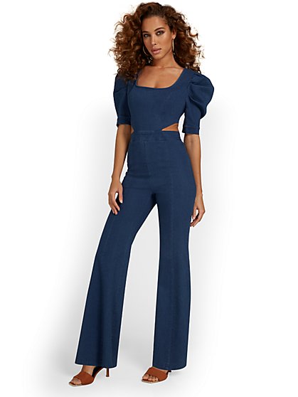 Denim Puff-Sleeve Cut-Out Jumpsuit - Flying Tomato - New York & Company