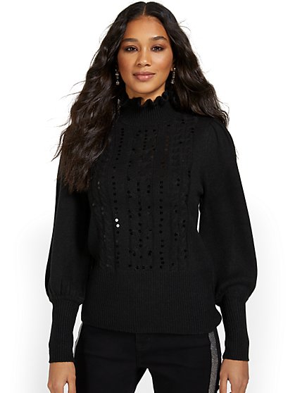 Embellished Frill-Neck Pullover Sweater - New York & Company