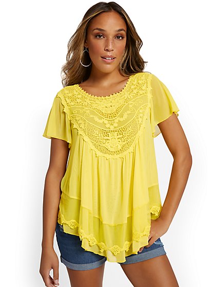 Embroidered Flutter-Sleeve Top - New York & Company