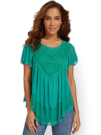 Embroidered Flutter-Sleeve Top - New York & Company