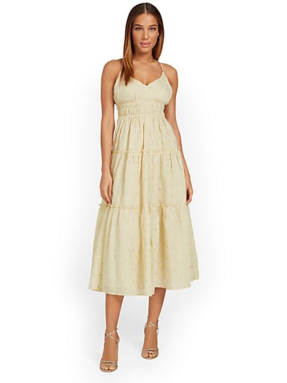 Embroidered Lurex Tiered Midi Dress - Just Me - New York & Company