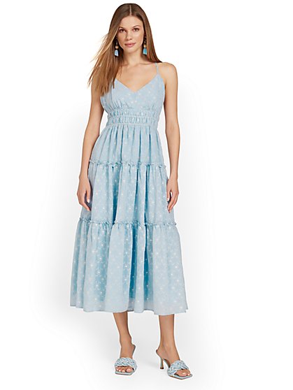 Embroidered Lurex Tiered Midi Dress - Just Me - New York & Company
