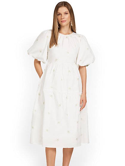 Embroidered Poplin Puff-Sleeve Midi Dress - Moodie - New York & Company