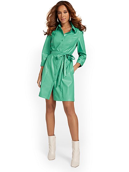 Faux-Leather Belted Shirtdress - New York & Company
