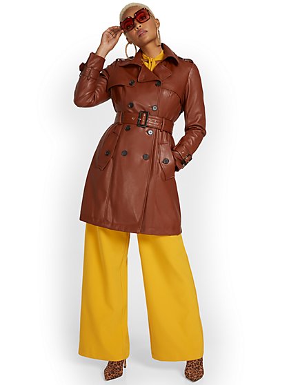 Faux-Leather Belted Trenchcoat - New York & Company