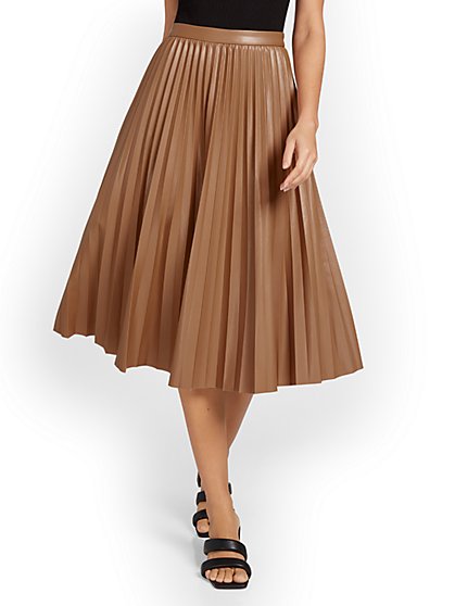Faux-Leather Pleated Midi Skirt - See And Be Seen - New York & Company