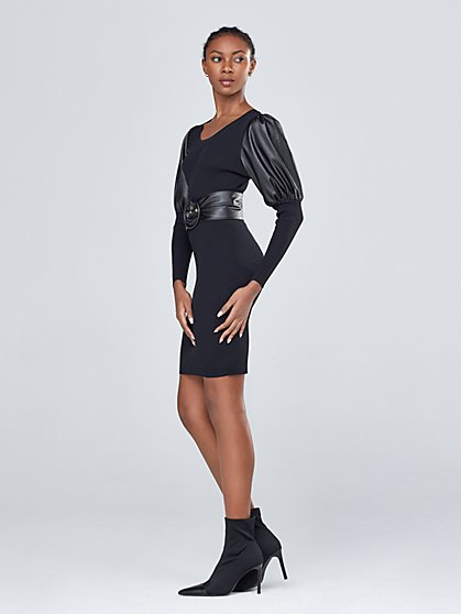 Faux-Leather Puff-Sleeve Sweater Dress - Gabrielle Union Collection - New York & Company