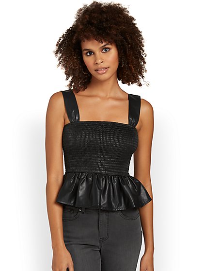 Faux-Leather Smocked Peplum Top - TCEC - New York & Company