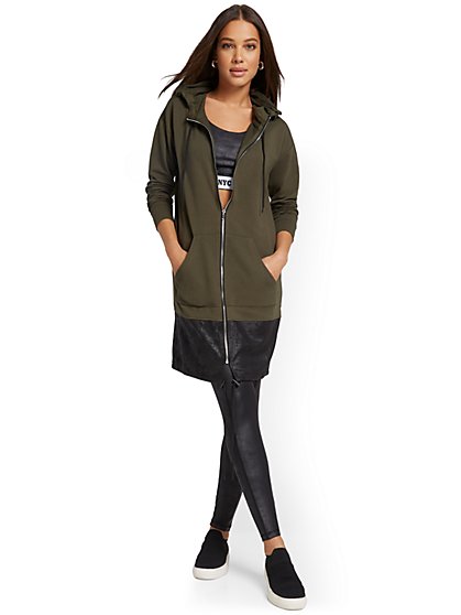 Faux-Leather Trim Zip-Front Hoodie - New York & Company