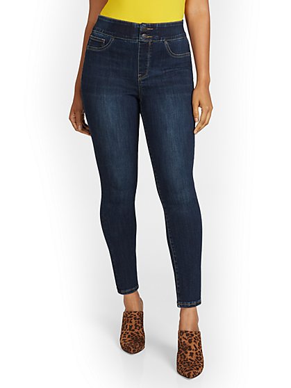 Feel Good High-Waisted No-Gap Pull-On Super-Skinny Jeans - Dark Blue Wash - New York & Company