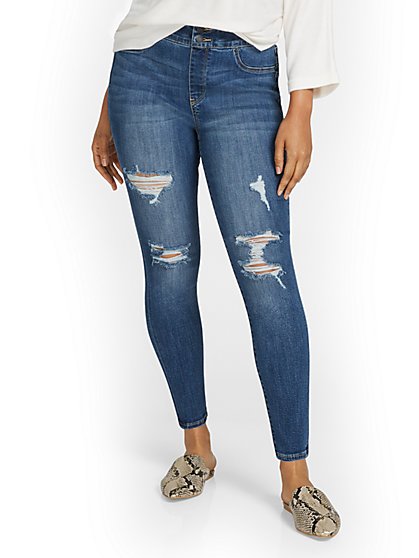 Feel Good High-Waisted No-Gap Pull-On Super-Skinny Jeans - Medium Blue Wash - New York & Company