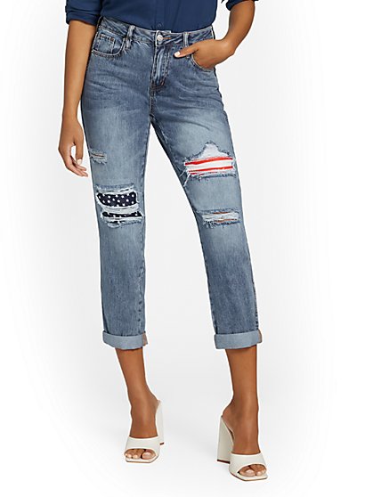 Flag-Accent Distressed Boyfriend Jeans - New York & Company