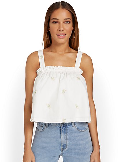 Floral-Embroidered Sleeveless Poplin Cropped Top - Moodie - New York & Company