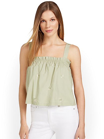 Floral-Embroidered Sleeveless Poplin Top - Moodie - New York & Company