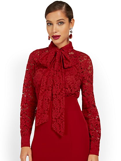 Floral-Lace Bow-Neck Top - New York & Company
