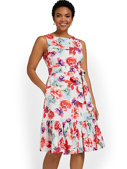Floral-Print Belted Flare Dress - New York & Company