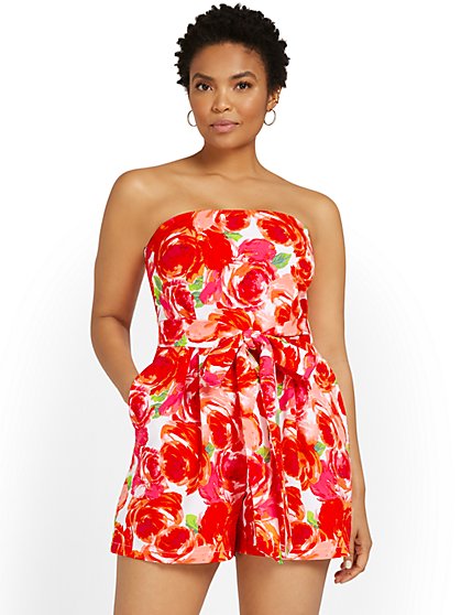 Floral-Print Bow-Waist Strapless Romper - New York & Company