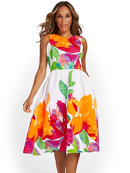 Floral-Print Flare Midi Dress - New York & Company
