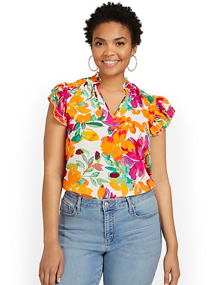 Floral-Print Flutter-Sleeve Ruffle Blouse - New York & Company