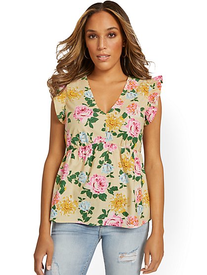 Floral-Print Flutter-Sleeve Top - New York & Company