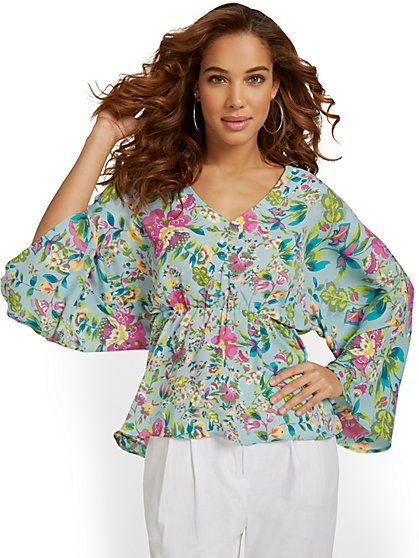 Floral-Print Kimono-Sleeve Blouse - New York & Company