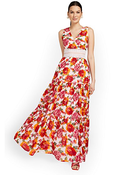 Floral-Print Lace-Accent Maxi Dress - New York & Company