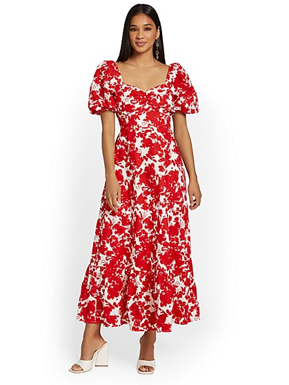 Floral-Print Puff-Sleeve Maxi Dress - Free The Roses - New York & Company