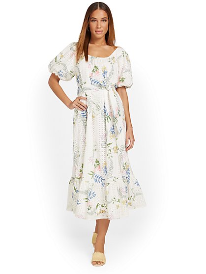Floral-Print Puff-Sleeve Midi Dress - Just Me - New York & Company