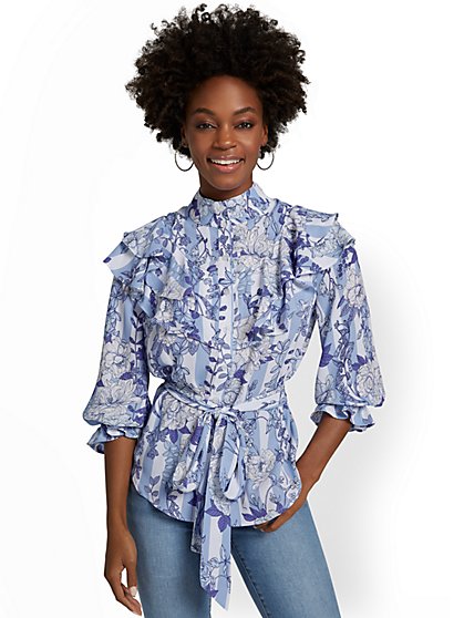 Floral-Print Ruffle Tie-Waist Blouse - Lily & Cali - New York & Company
