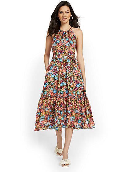 Floral-Print Tiered Halterneck Midi Dress - New York & Company