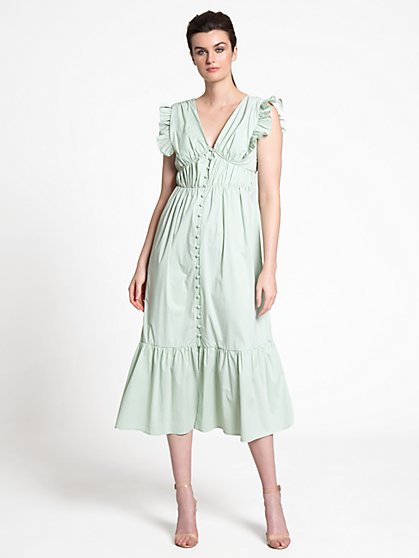 Flutter-Sleeve Button-Front Poplin Dress - Lena - New York & Company
