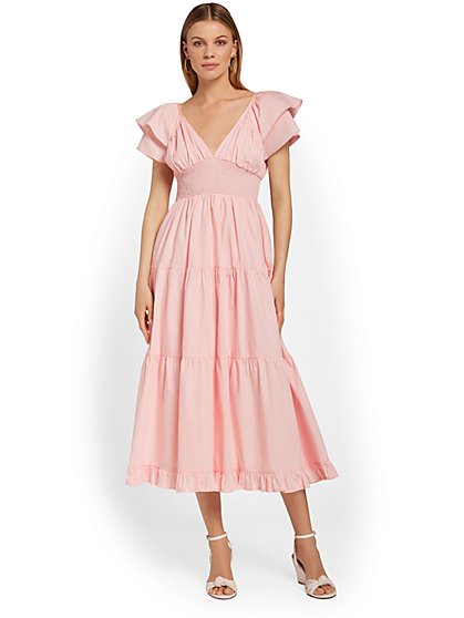 Flutter-Sleeve Tiered Poplin Dress - 4Sienna - New York & Company