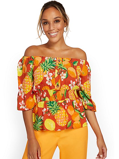 Fruit-Print Off-The-Shoulder Blouse - New York & Company