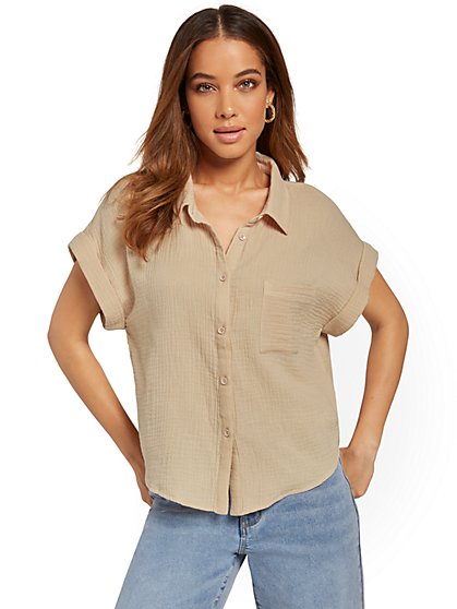 Gauze High-Low Button-Front Top - In The Beginning - New York & Company