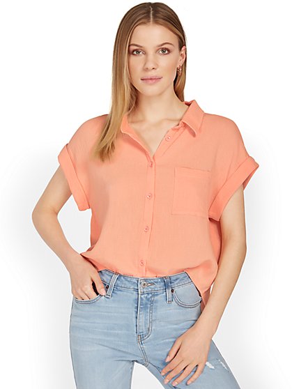 Gauze High-Low Button-Front Top - In The Beginning - New York & Company