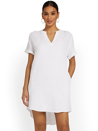Gauze Split-Neck Dress - Optic White - New York & Company
