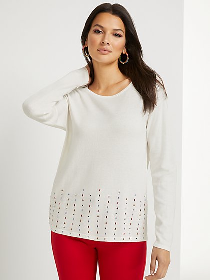 Gemstone-Embellished Pullover Sweater - New York & Company