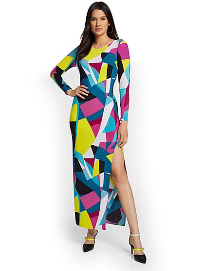 Geometric-Print Open-Back Side-Slit Maxi Dress - New York & Company