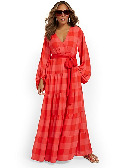 Gingham-Print Belted Maxi Dress - New York & Company