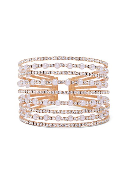 Gold-Tone Rhinestone & Faux-Pearl Cuff Bracelet - New York & Company