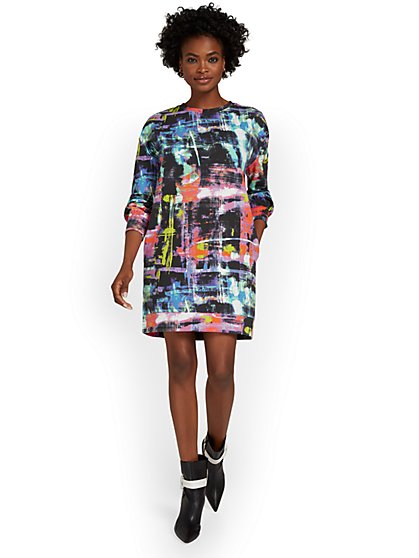 Graffiti-Print Crewneck French Terry Sweatshirt Dress - New York & Company
