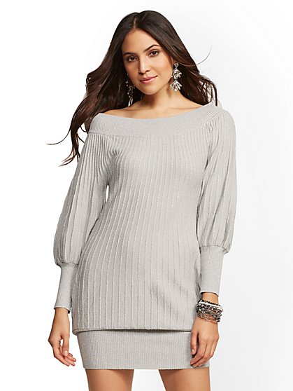 Dresses For Women New York Company Grey Metallic Off The Shoulder Dolman Sweater Dress New York Company
