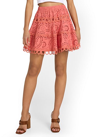 High-Waist Floral Eyeley Mini Skirt - Free The Roses - New York & Company