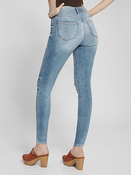 High-Waisted Curvy Distressed Ankle Jeans - Medium Blue Wash - New York & Company