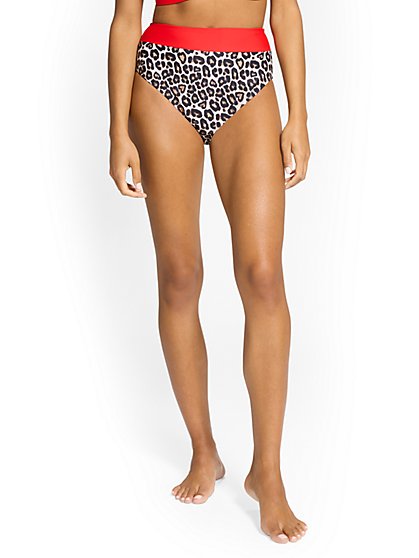 High-Waisted Leopard-Print Colorblock Bikini Bottom - NY&C Swimwear - New York & Company