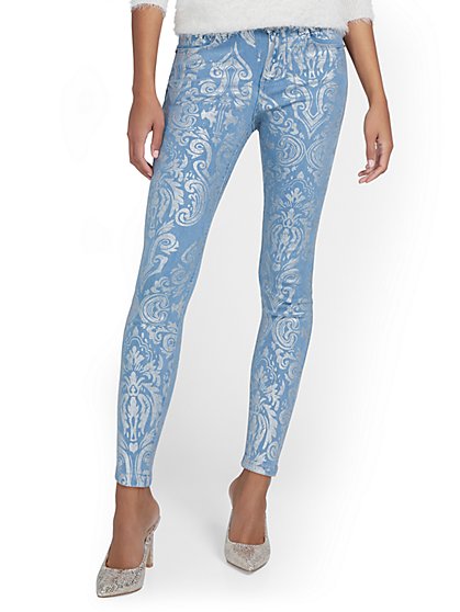 High-Waisted Metallic Paisley Skinny Ankle Jeans - New York & Company