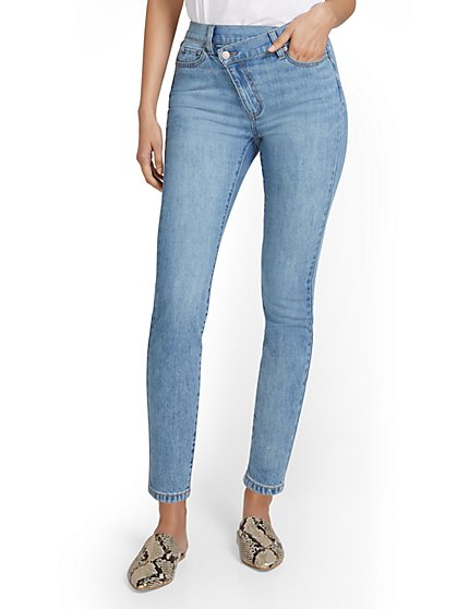 High-Waisted Overlap Detail Super-Skinny Ankle Jeans - New York & Company