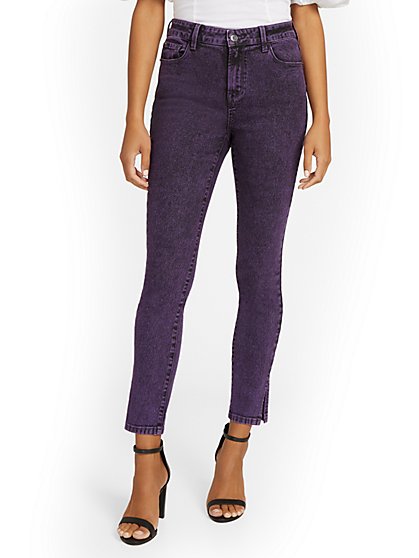 High-Waisted Purple Acid-Wash Skinny Ankle Jeans - New York & Company